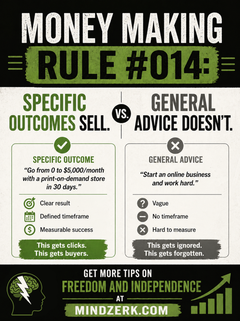 Money Making Rule #014: Specific Outcomes Sell. General Advice Doesn’t.