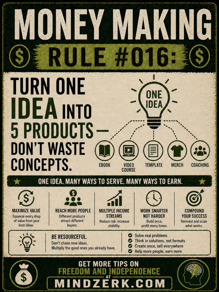 Most people chase ideas. Smart operators extract value from one good idea over and over again. One idea. Many angles. Multiple income streams. If you’re constantly looking for the next thing, you’re leaving money on the table. The Real Problem You get a solid idea… You turn it into one product… Then you move on. That’s not leverage. That’s waste. Because a strong idea isn’t a single product. It’s a source. One Idea = Multiple Products Take one core concept and expand it into different formats. Same value. Different delivery. 1. eBook Break down the idea step-by-step. Easy to create Easy to sell Great entry product 2. Video Course Turn the same content into guided instruction. Higher perceived value More engaging Can command higher pricing 3. Templates / Tools Strip it down to execution. Checklists Swipe files Systems People pay for speed. 4. Merch Turn the idea into identity. Statements Visuals Culture This spreads your message while creating revenue. 5. Coaching / Consulting Apply the idea directly. Personalized help Higher-ticket offers Faster results for clients Same idea. Five products. Five ways to get paid. Why This Works 1. Maximize Value You squeeze every drop from your best ideas. No waste. 2. Reach More People Different people prefer different formats: Some read Some watch Some want tools Some want guidance You meet them where they are. 3. Multiple Income Streams Instead of one product doing all the work… You have several. More stability. More upside. 4. Work Smarter You’re not creating from scratch every time. You’re repurposing. Build once. Sell many times. 5. Compound Growth When something works, you expand it. Not abandon it. That’s how you scale. The Shift Most People Need Stop thinking: “What’s my next idea?” Start thinking: “How many ways can I use this one?” How To Do It (Simple System) Step 1: Pick a Strong Idea Solve a real problem. If it doesn’t help someone, it won’t sell in any format. Step 2: Build the Core Create your main version: eBook Guide System This becomes your foundation. Step 3: Extract Formats Break it into: Video lessons Templates Checklists Scripts Now you’re building products fast. Step 4: Expand the Offer Layer it: Low-ticket → ebook Mid-ticket → course High-ticket → coaching Same idea. Different depth. Step 5: Distribute Everywhere Don’t keep it in one place. Your site Marketplaces Social Email Create once. Sell everywhere. The Resourceful Mindset You don’t need more ideas. You need to use the ones you already have better. Focus on: Solving real problems Thinking in outcomes, not formats Reusing and refining Scaling what works The Bottom Line Most people underuse their ideas. That’s why they struggle. One strong idea can fund your business—if you multiply it. Stop chasing. Start expanding. And turn your best ideas into assets that pay you again and again.