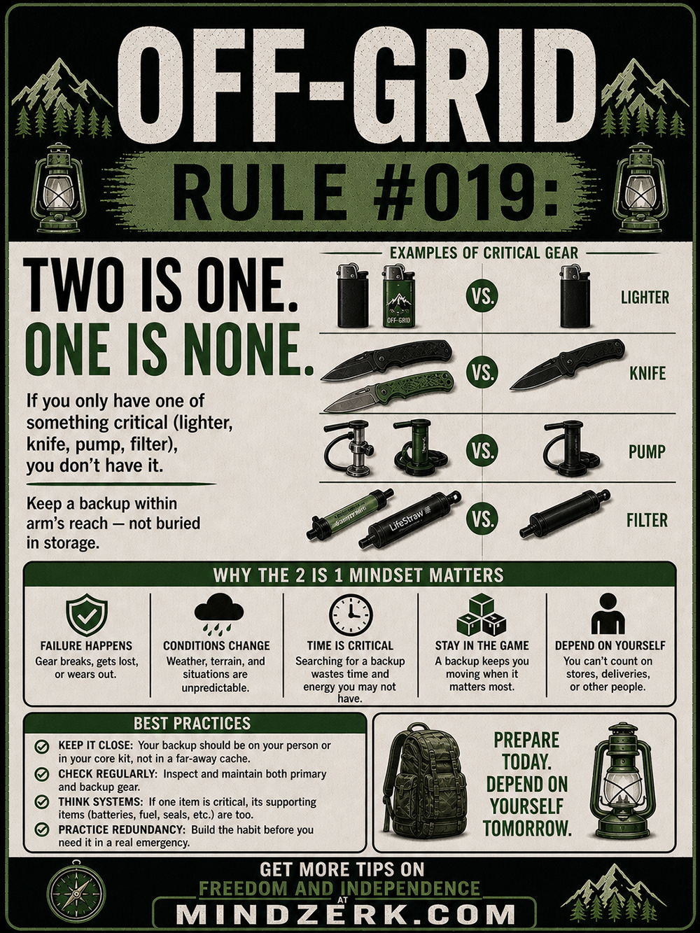 Off-Grid Rule #019: Two Is One. One Is None.