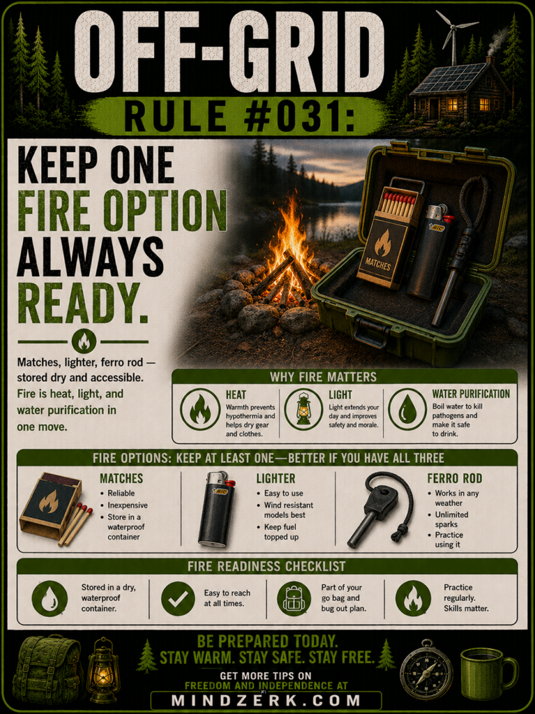 Off-Grid Rule #031: Keep One Fire Option Always Ready