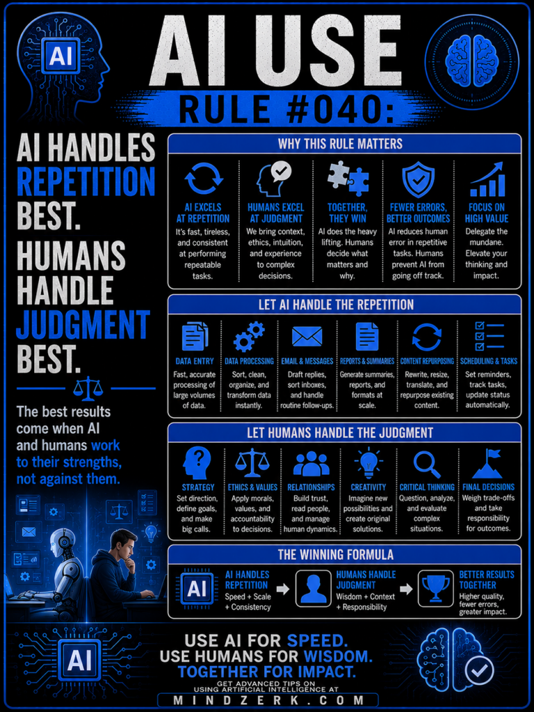 AI Use Rule #040: AI Handles Repetition Best. Humans Handle Judgment Best.