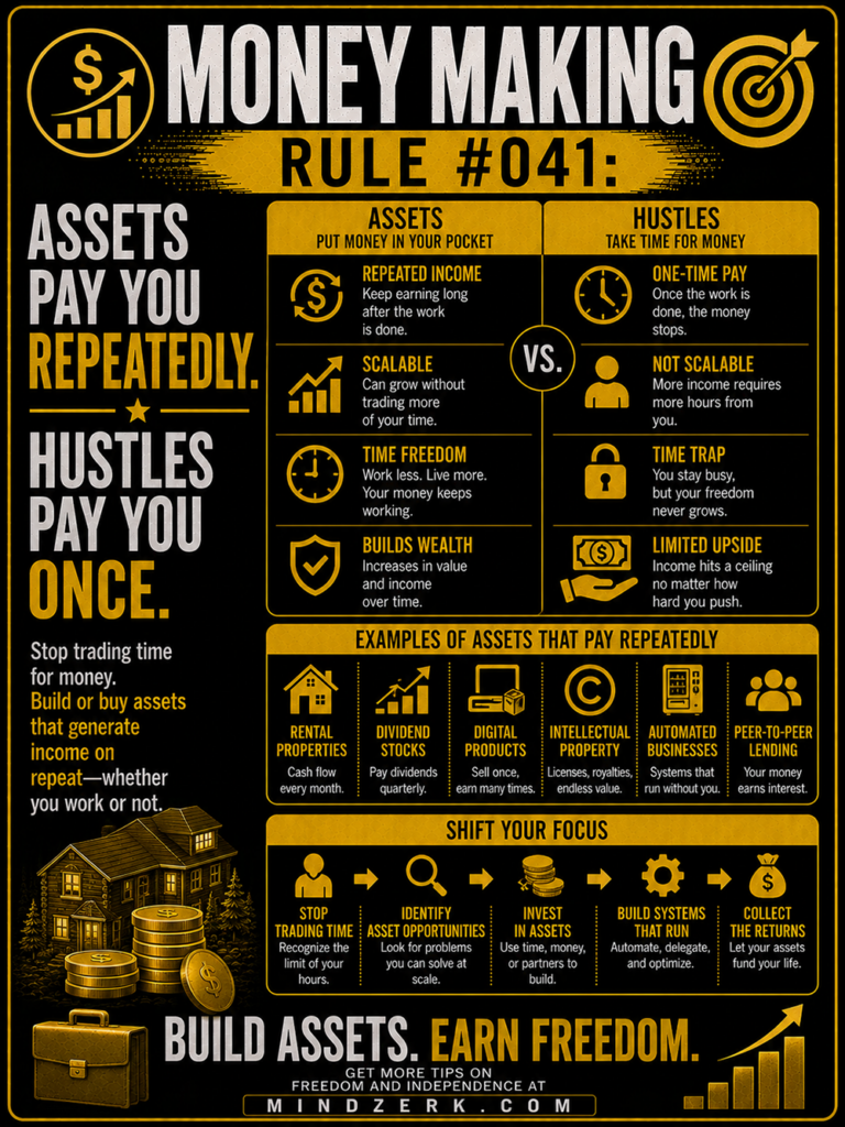 Money Making Rule #041: Assets Pay You Repeatedly. Hustles Pay You Once.